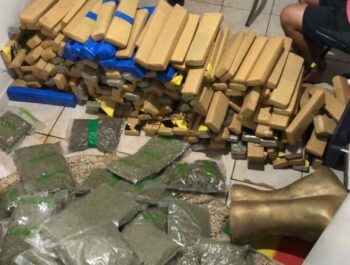 Ao todo foram apreendidos 330 tabletes de maconha e 90 sacos da mesma droga, equivalente a 322,166 kg.. Foto: Divulgação.